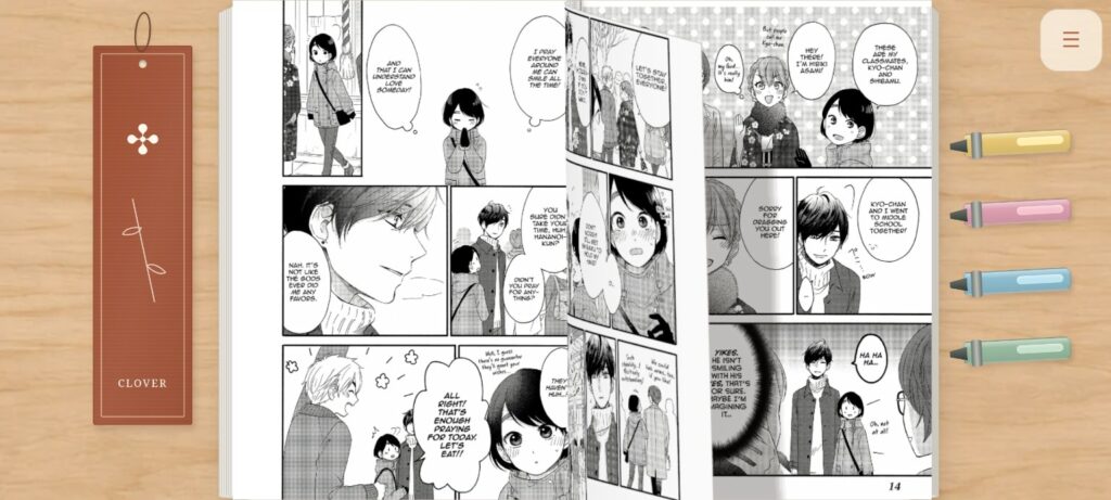 Clover landscape two-page manga spread with a 3D page turn